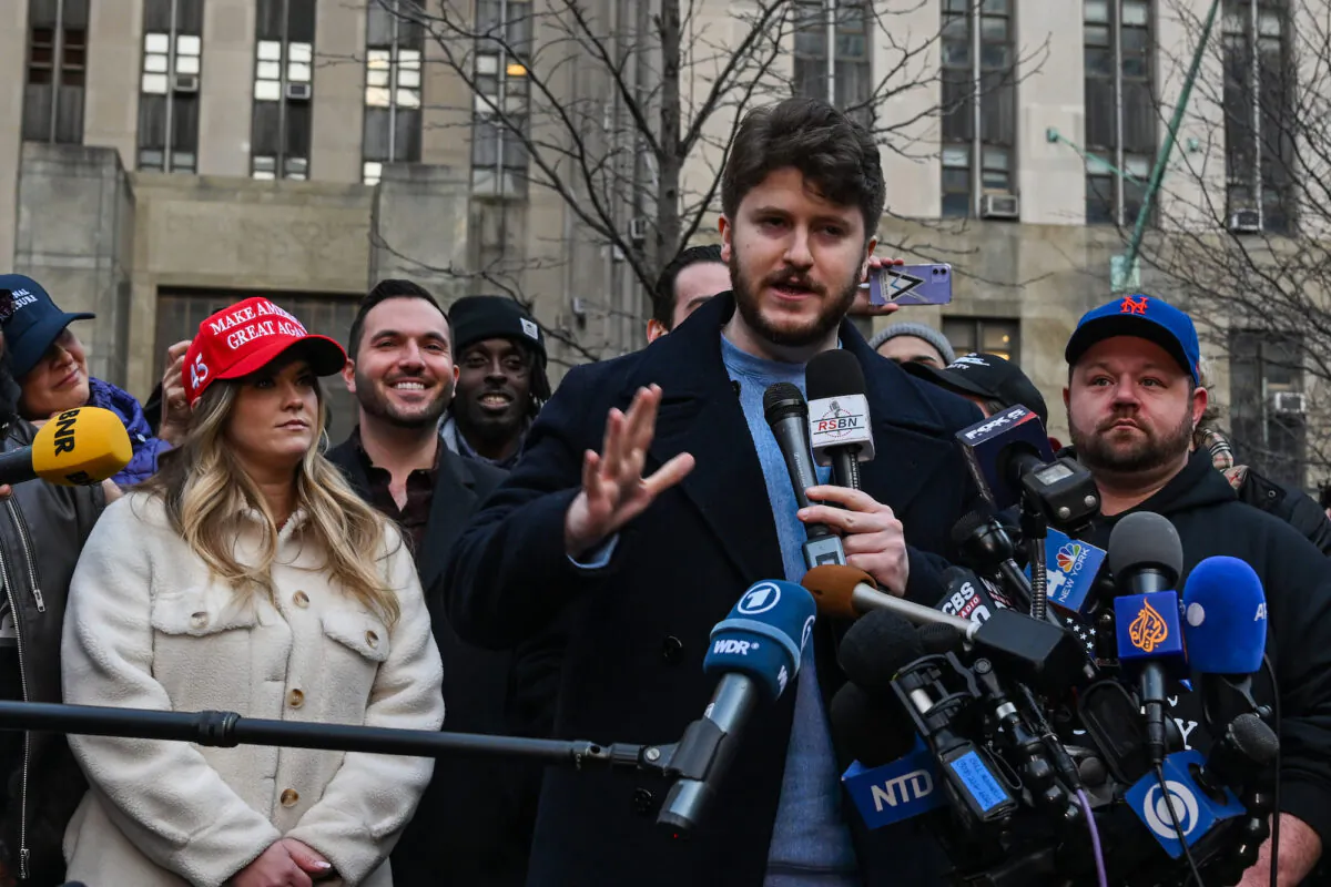 Gavin Wax, president of the New York Young Republican Club, speaks near the office of Manhattan District Attorney Alvin Brag and the New York County Criminal Court in New York City, on March 20, 2023 . (Alexi J. Rosenfeld/Getty Images)