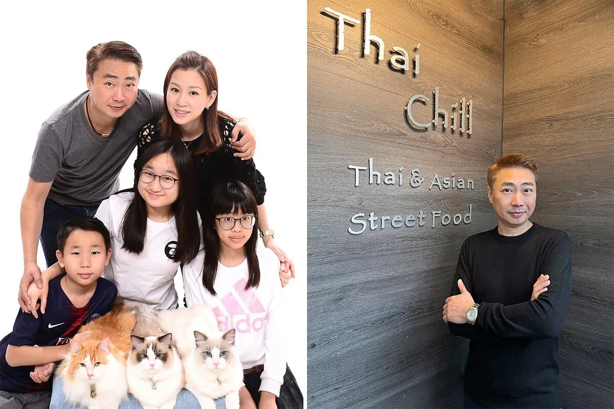 Gordon Lam, an information technology professional immigrated to UK and started new life running Thai food restaurant. Gordon Lam's family (L); Gordon's restaurant (R). (Courtesy of Cordon Lam)