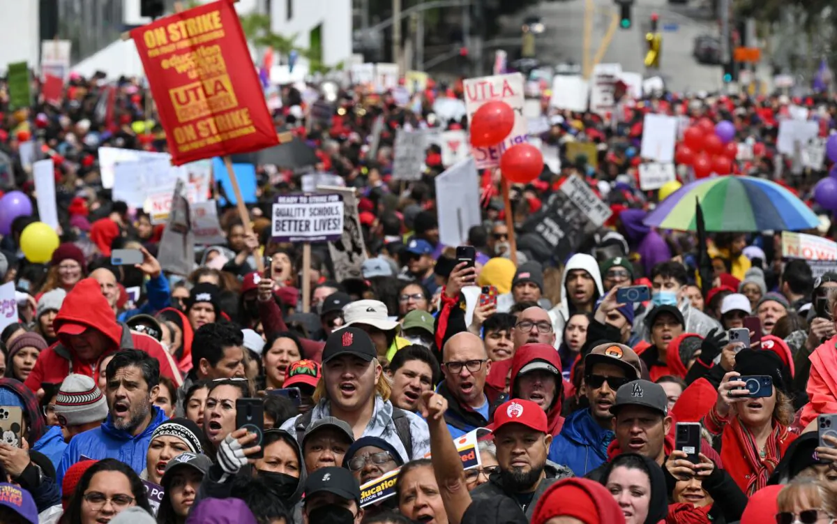 Los Angeles public school support staff, teachers, and supporters rally outside of the school district headquarters on the first day of a three day strike in Los Angeles on March 21, 2023. (Robyn Beck/AFP via Getty Images)