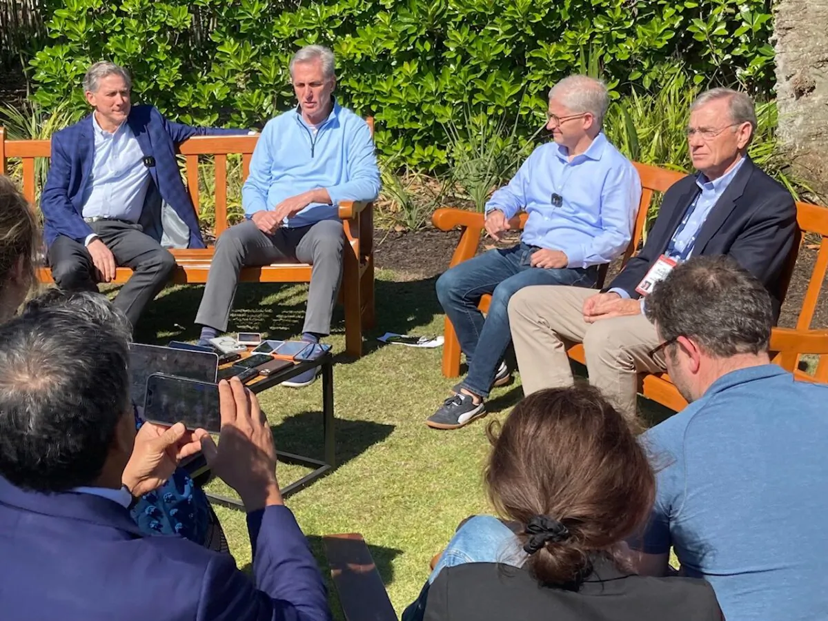 From left to right, Reps. French Hill (R-Ark.), House Speaker Kevin McCarthy (D-Calif.), Patrick McHenry (R-N.C.), and Blaine Luetkemeyer (R-Mo.) take a break from a GOP House retreat at Ritz Carlton Grande Lakes in Orlando, Fla., on March 20 to discuss fallout from the Silicon Valley Bank failure. (John Haughey/The Epoch Times)