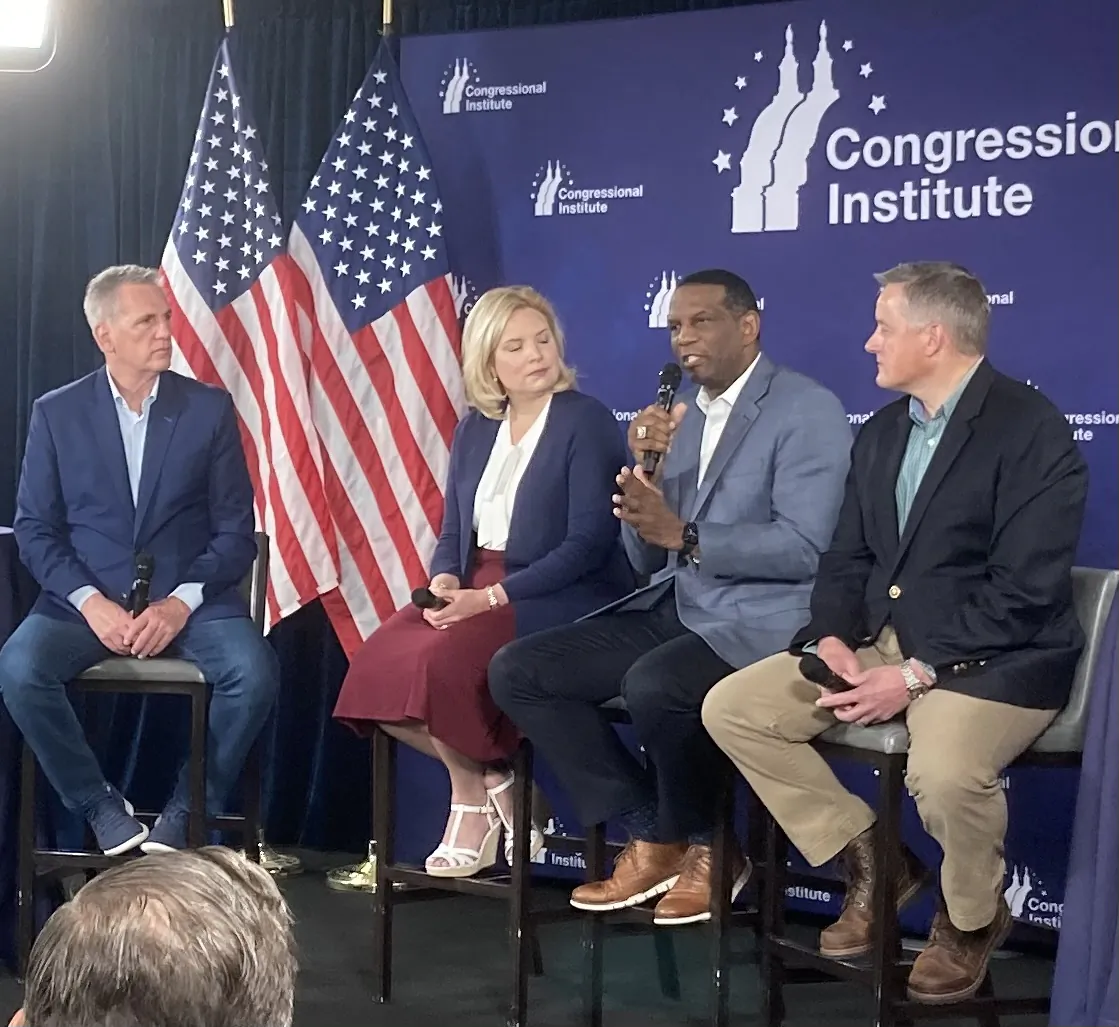 House Speaker Rep. Kevin McCarthy (R-Calif.), and (L to R) Rep. Ashley Hinson (R-Iowa), Rep. Burgess Owens (R-Utah), and Rep. Bruce Westerman (R-Ark.) respond to questions during a March 21 briefing on the third day of a three-day GOP House retreat and “issues conference” at the Ritz Carlton Grande Lakes in Orlando, Fla. (John Haughey/The Epoch Times)