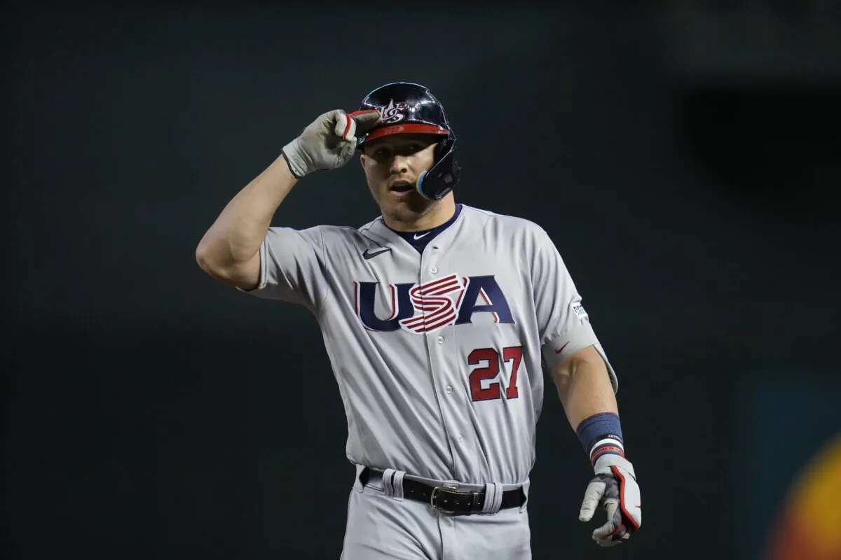 United States' Mike Trout reacts after hitting an RBI single against Colombia during the third inning of a World Baseball Classic game in Phoenix on March 15, 2023. (Godofredo A. Vásquez/AP Photo)