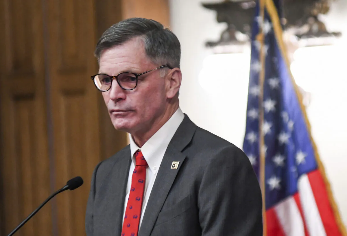 Wyoming Governor Mark Gordon delivers his State of the State address to the Wyoming Legislature in Cheyenne, Wyoming, on Feb. 14, 2022. (Rhianna Gelhart/The Wyoming Tribune Eagle via AP)
