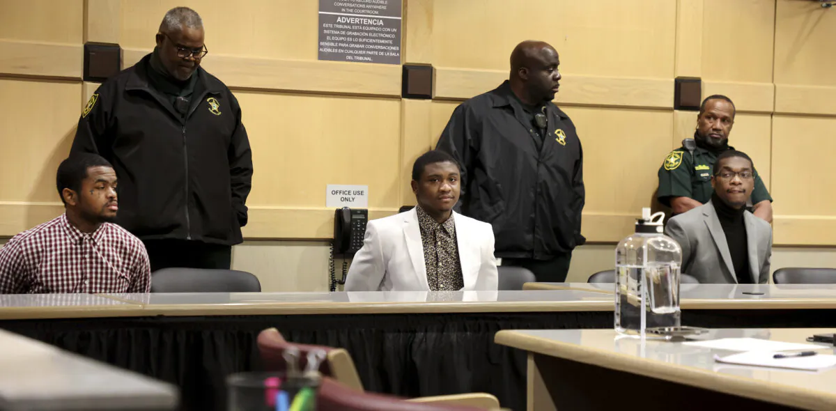 Dedrick Williams (L), Trayvon Newsome (C), and Michael Boatwright are found guilty of first-degree murder of XXXTentacion at the Broward County Courthouse in Fort Lauderdale, Fla., on March 20, 2023. (Carline Jean/South Florida Sun-Sentinel via AP, Pool)