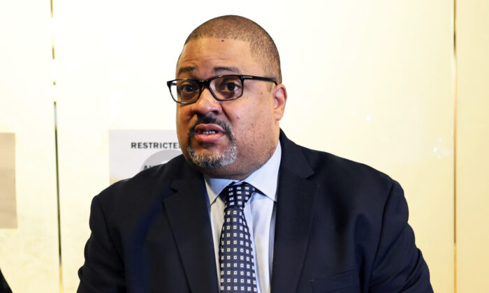 Manhattan District Attorney Alvin Bragg speaks at a press conference after the sentencing hearing of the Trump Organization at the New York Supreme Court in New York on Jan. 13, 2023. (Michael M. Santiago/Getty Images)