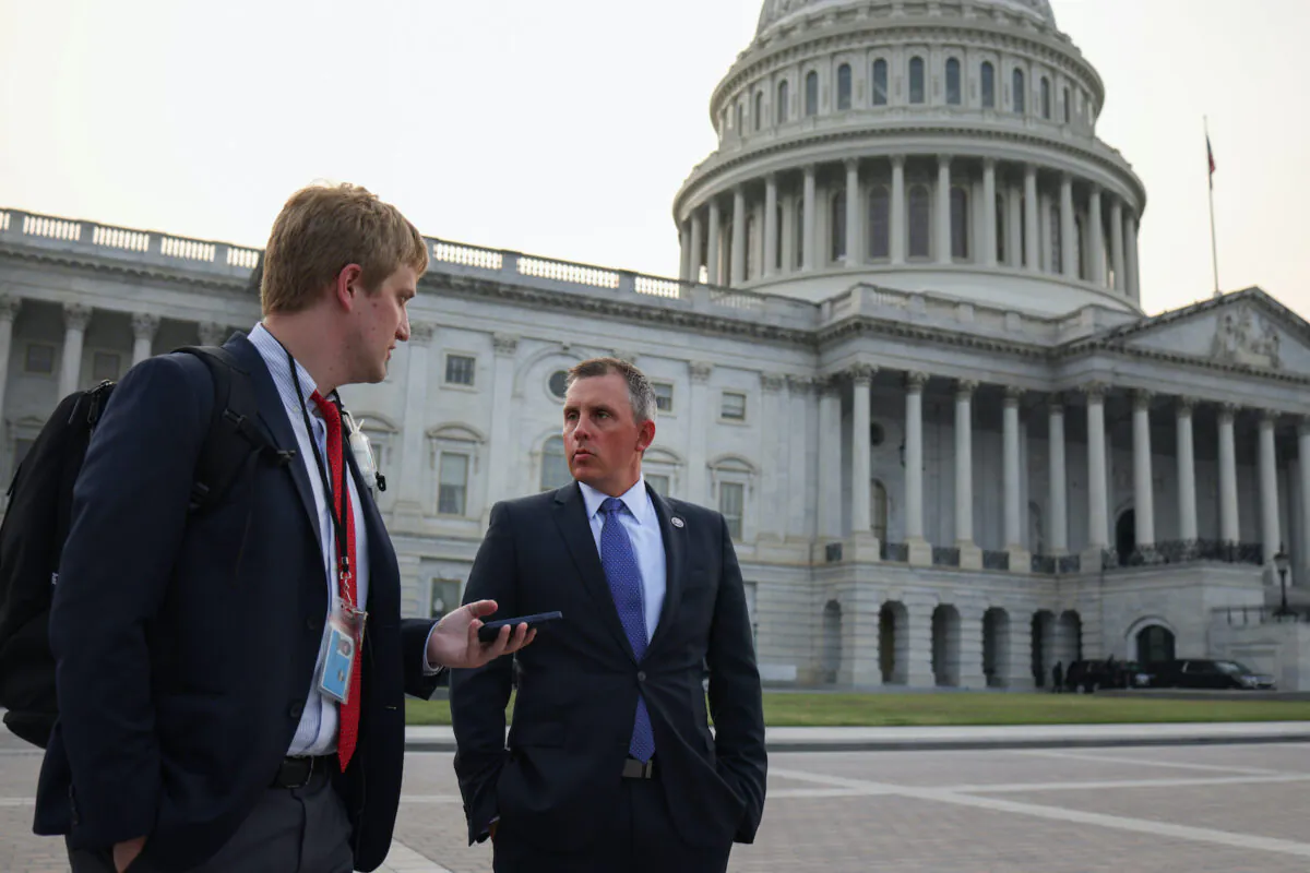 Rep. Kelly Armstrong (R-N.D.) speaks to a reporter as he leaves the U.S. Capitol Building in Washington on July 19, 2021. (Anna Moneymaker/Getty Images)