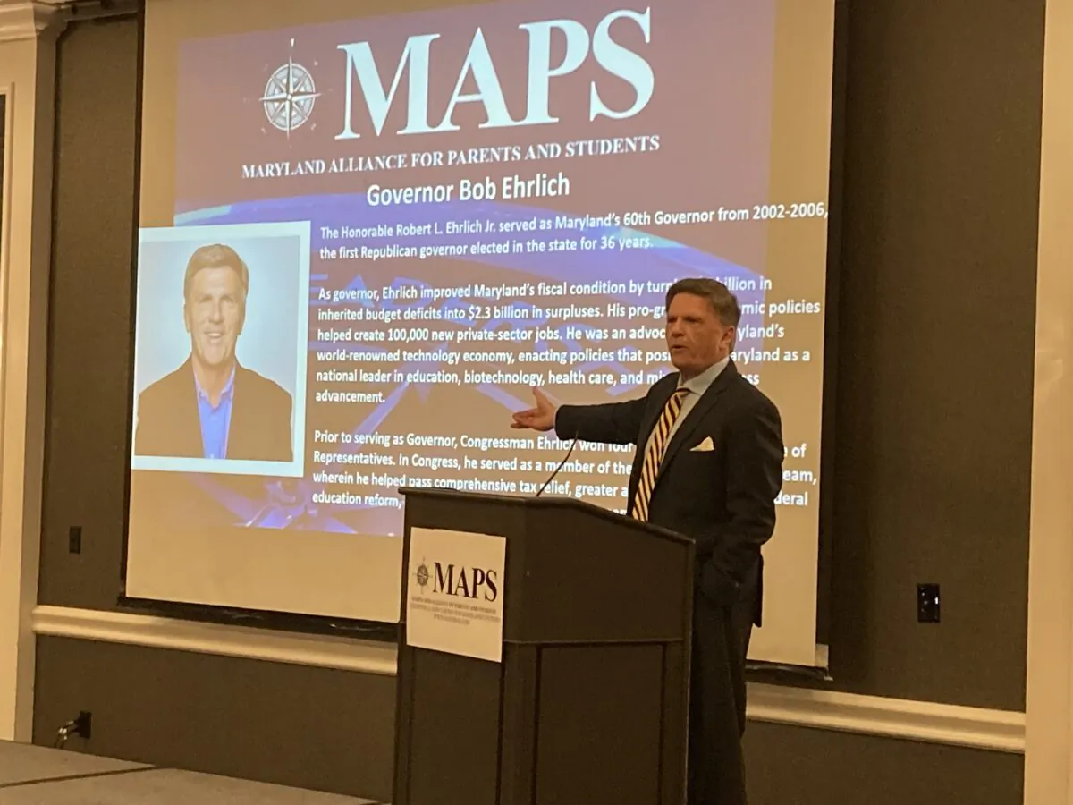Former Maryland Gov. Bob Ehrlich coaches future school board members at an educational event in Anapolis, Md., on March 11, 2023. (Courtesy of Douglas Burton)