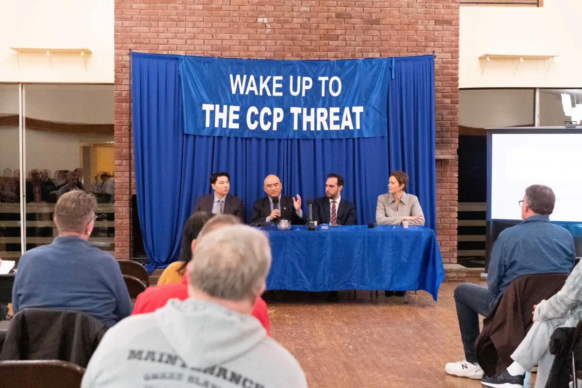 (From left to right) Host David Zhang with panelists Sean Lin, Chris Chappell, and Kay Rubacek during the 'Wake Up to the CCP Threat' seminar in Warwick, N.Y., on March 22, 2023. (Cara Ding/The Epoch Times)