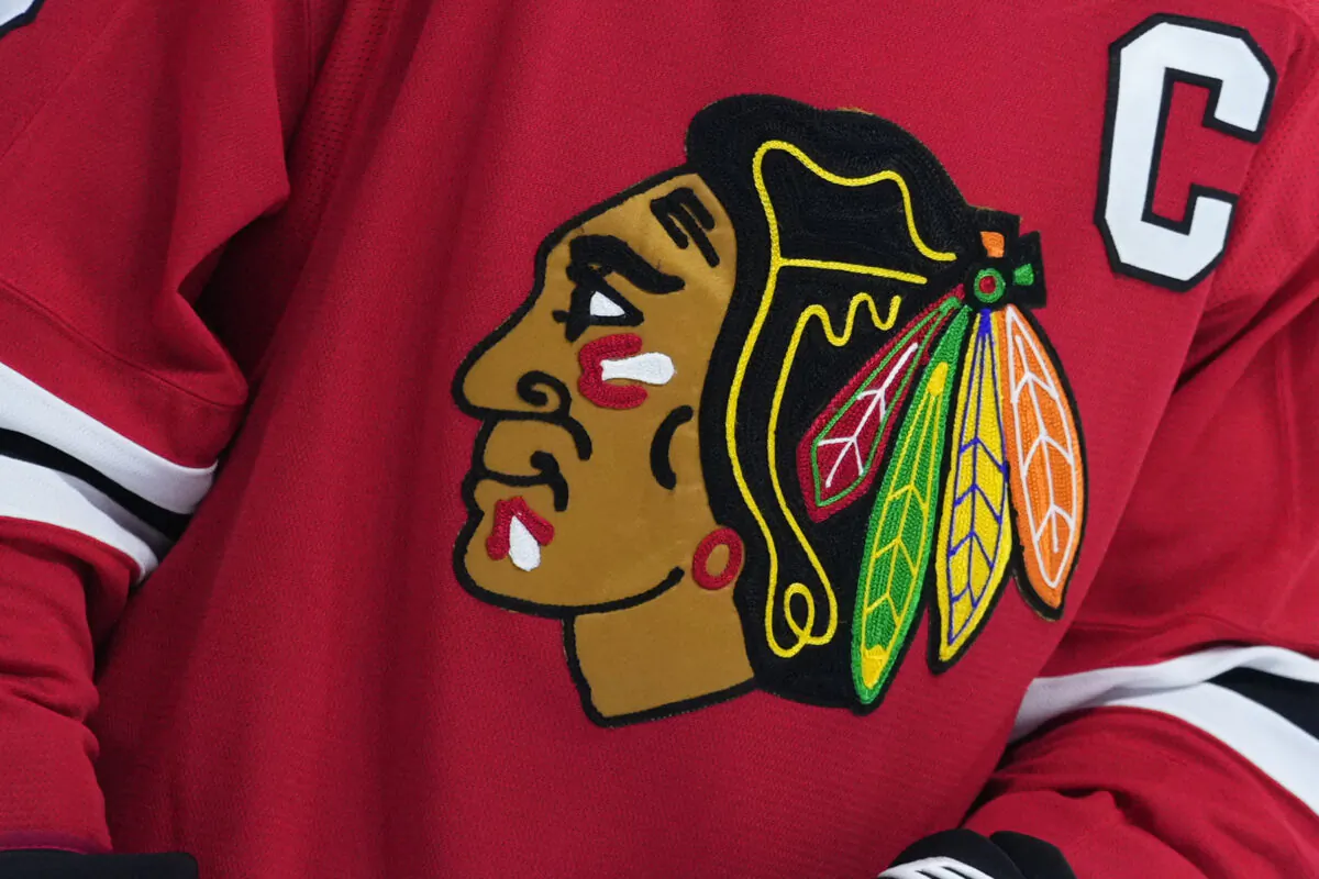 The Chicago Blackhawks' logo is seen during an NHL hockey game in Philadelphia on Jan. 19, 2023. (Matt Slocum/AP Photo)