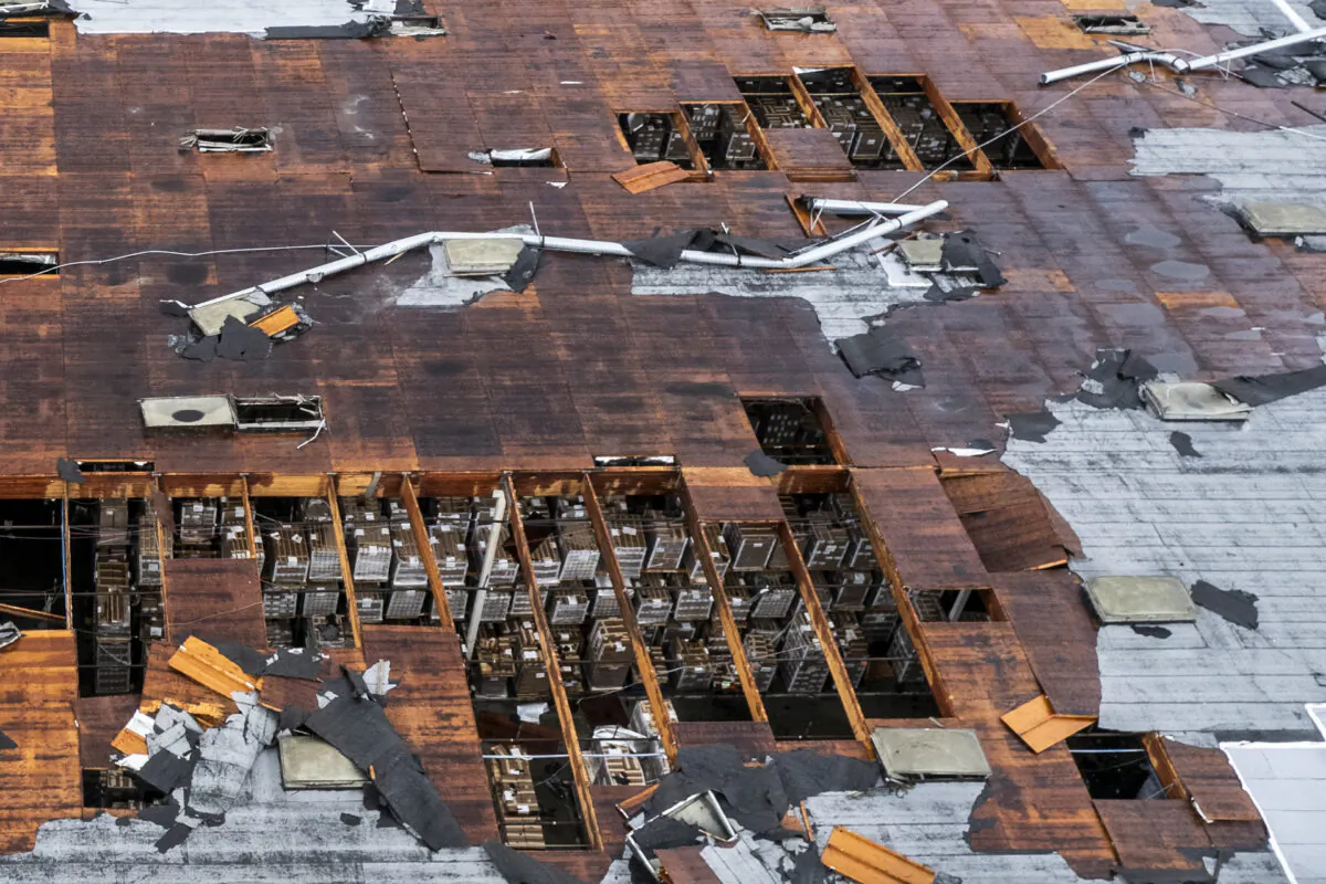 Damage to a building in Montebello, Calif., on March 22, 2023, after a possible tornado. (AP Photo/Ringo H.W. Chiu)