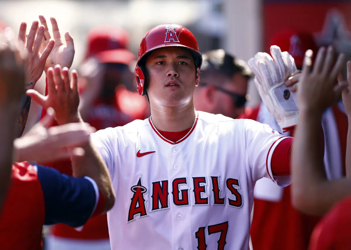 Shohei Ohtani (17) of the Los Angeles Angels at Angel Stadium of Anaheim in Anaheim, Calif., on Oct. 2, 2022. (Ronald Martinez/Getty Images)