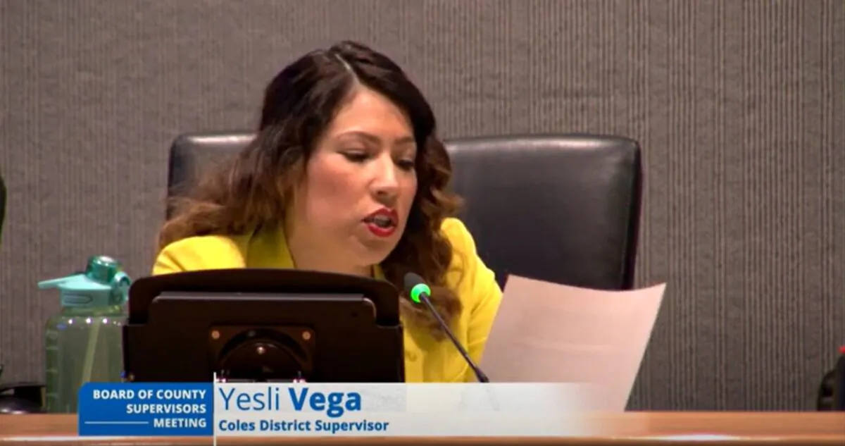 Coles District Supervisor Yesli Vega reads an email from an anonymous county employee regarding a survey sent to all county employees by Prince William County's Diversity, Equity and Inclusion (DEI) Office on March 14, 2023. (Screenshot/Board of County Supervisors Meeting)
