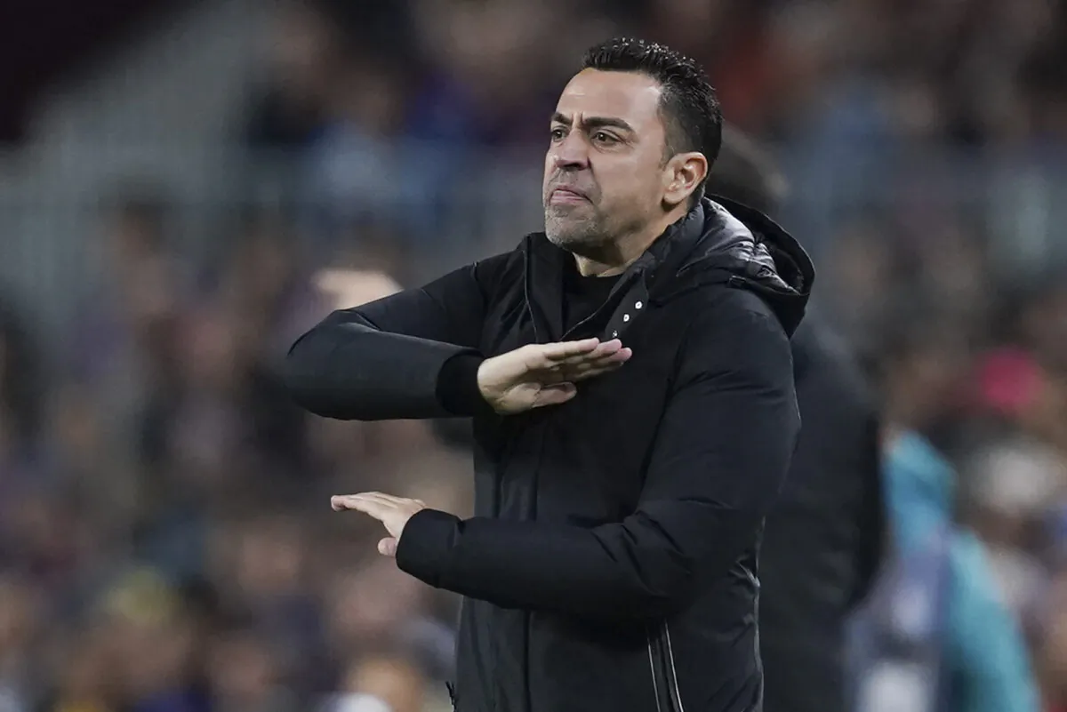 Barcelona's head coach Xavi Hernandez reacts during the Spanish La Liga soccer match between Barcelona and Real Madrid at Camp Nou stadium in Barcelona, Spain, on March 19, 2023. (Joan Mateu/AP Photo)