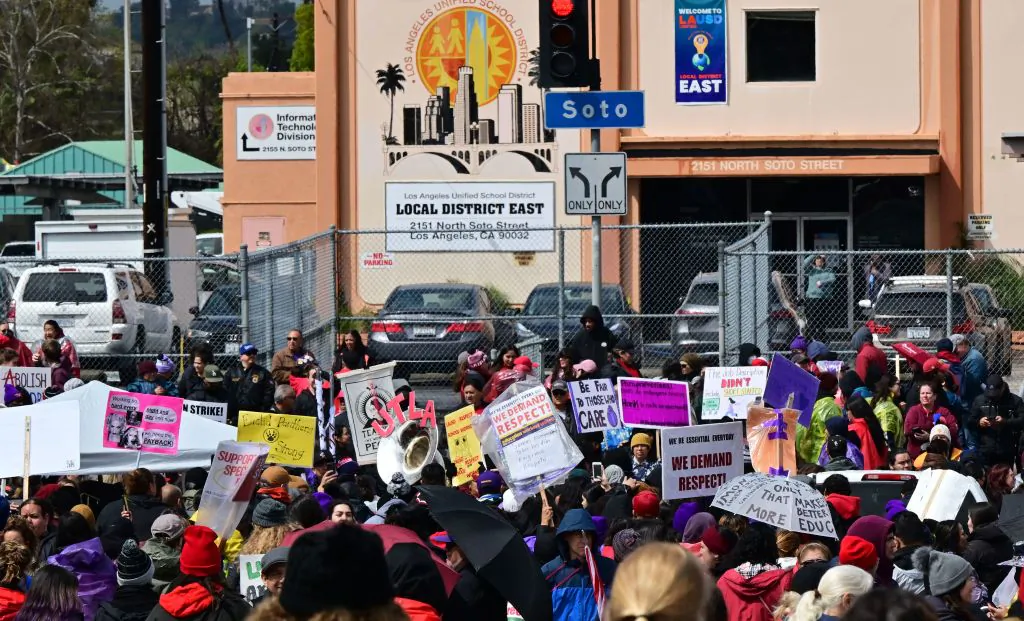 Los Angeles public school support staff, teachers, and supporters rally at the Los Angeles Unified School District local district offices in Los Angeles on March 22, 2023. (Frederic Brown/AFP via Getty Images)