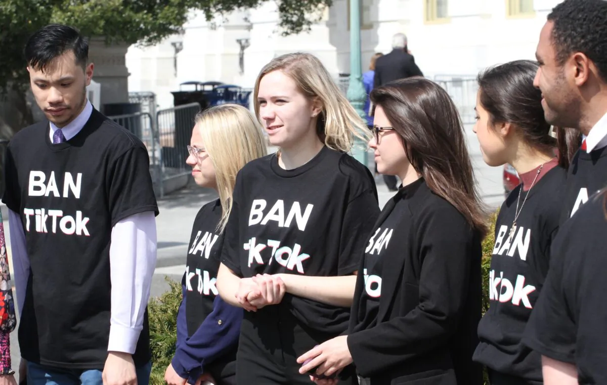Anti-TikTok campaigners on Capitol Hill in Washington on March 23, 2023. (Richard Moore/The Epoch Times)