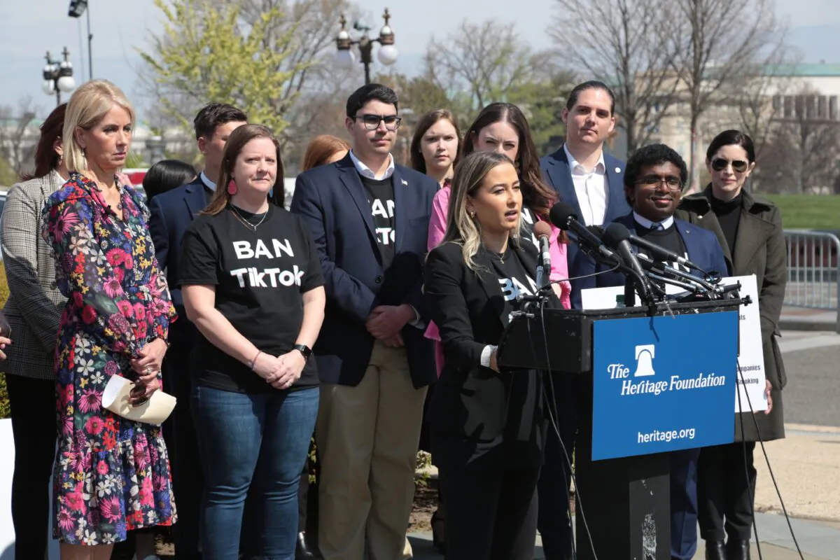Kara Frederick, director of the Tech Policy Center at the Heritage Foundation (C) shares her opposition to TikTok on Capitol Hill on March 23, 2023. (Richard Moore/The Epoch Times)
