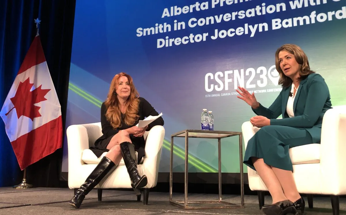 Alberta Premier Danielle Smith (R) speaks at the Canada Strong & Free Networking Conference  2023 in Ottawa on March 23, 2023. (Noé Chartier/The Epoch Times)
