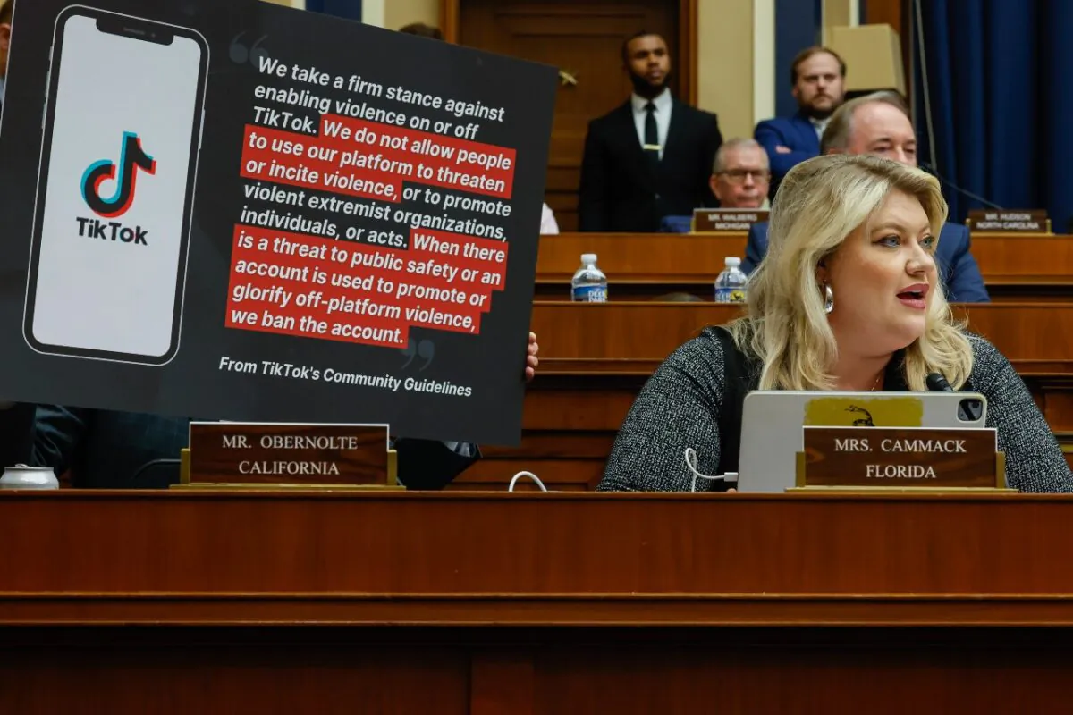 Rep. Kat Cammack (R-Fla.) speaks to TikTok CEO Shou Zi Chew as testifies before the House Energy and Commerce Committee in the Rayburn House Office Building on Capitol Hill on March 23, 2023 in Washington. (Chip Somodevilla/Getty Images)