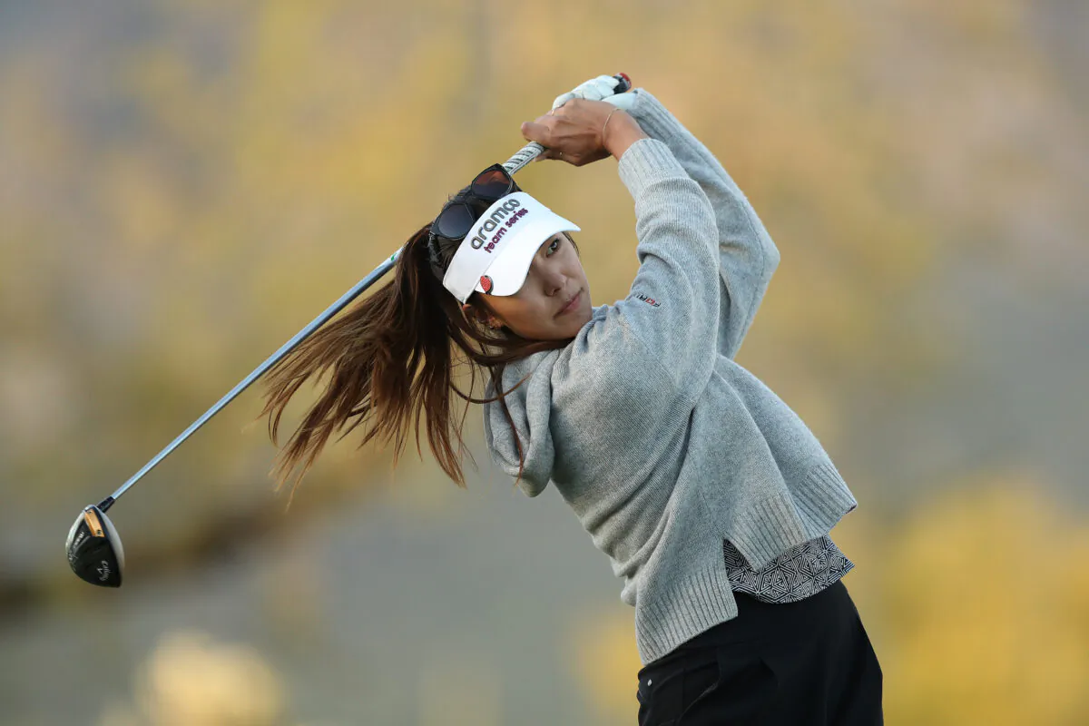 Alison Lee of the United States plays her shot from the seventh tee during the first round of the LPGA Drive On Championship at Superstition Mountain and Golf Country Club in Apache Junction, Ariz., on March 23, 2023. (Meg Oliphant/Getty Images)