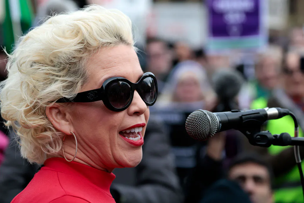 Posie Parker (Kelly Jay Keen) speaks during a Standing for Women protest in Glasgow, Scotland, on Feb. 5, 2023. (Jeff J Mitchell/Getty Images)