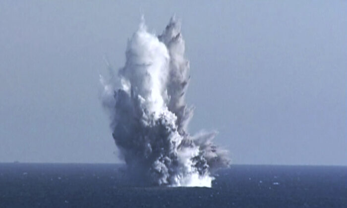 This photo provided by the North Korean regime, shows what it says is an underwater blast of test warhead loaded to an unmanned underwater nuclear attack craft "Haeil" during an exercise around Hongwon Bay in waters off North Korea's eastern coast on March 23, 2023. Independent journalists were not given access to cover the event depicted in this image. The content of this image is as provided and cannot be independently verified. (Korean Central News Agency/Korea News Service via AP)