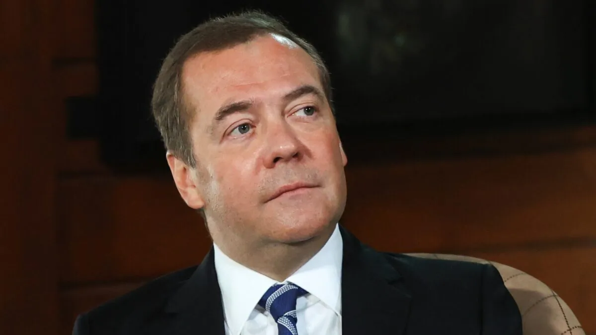 Chairman of the Russian Security Council Dmitry Medvedev speaks during an interview at the Gorki residence, outside Moscow, on Jan. 27, 2022. (Yulia Zyryanova/Sputnik/AFP via Getty Images)