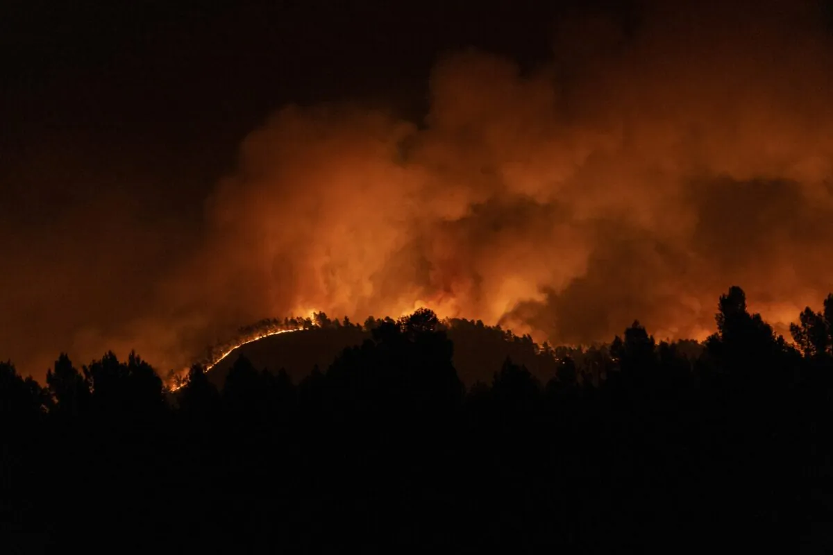 A forest fire burns in the hills near Villanueva de Viver, Spain, in the early hours of March 24, 2023. (Lorena Sopena/Europa Press via AP)