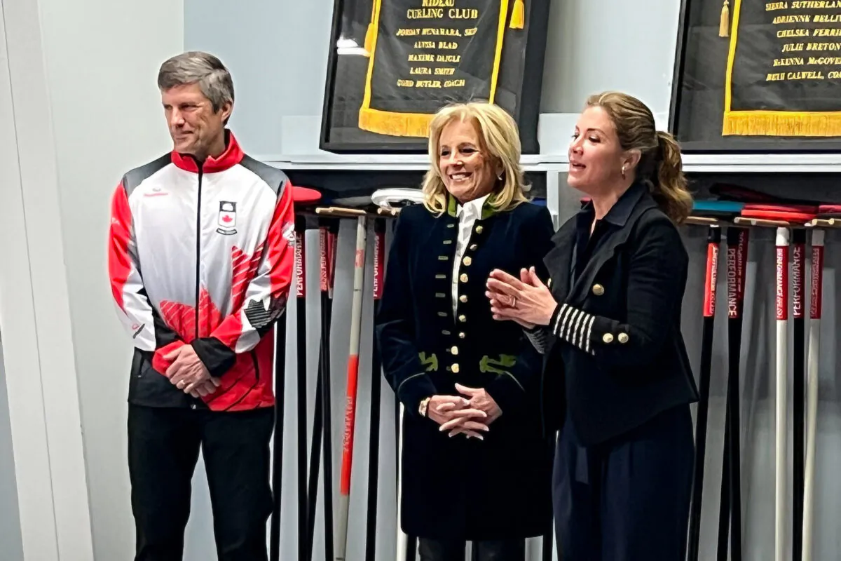 First Lady Jill Biden and Canadian Prime Minister Justin Trudeau’s wife, Grégoire Trudeau, visit a curling program at the Rideau Curling Club in Ottawa and host a listening session with young athletes on wellness and mental health in Ottawa, Canada, on March 24, 2023. (Emel Akan/The Epoch Times)