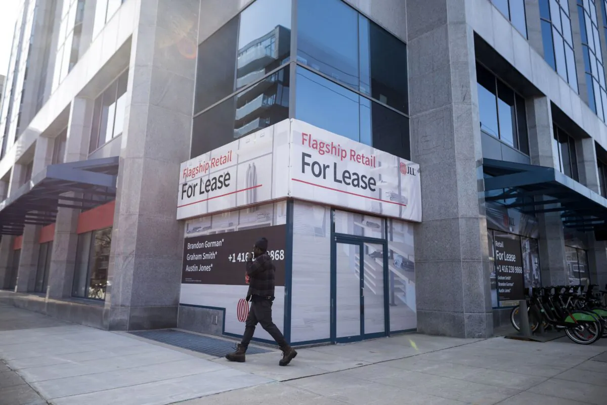 A commercial retail space is advertised for lease along King Street West in Toronto on March 9, 2021. (The Canadian Press/Tijana Martin)