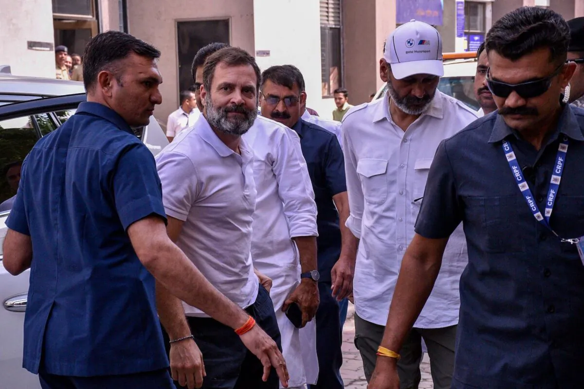 India's Congress party leader Rahul Gandhi, second left, arrives at the district court in Surat on March 23, 2023. The court found him guilty of defamation for a 2019 campaign trail remark implying that Prime Minister Narendra Modi was a criminal. (AFP via Getty Images)