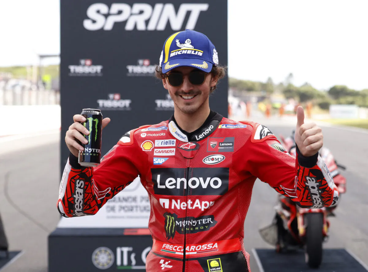 Ducati Lenovo Team's Francesco Bagnaia celebrates after winning the sprint race at the MotoGP of Portugal in Portimao, Portugal, on March 25, 2023. (Marcelo Del Pozo/Reuters)