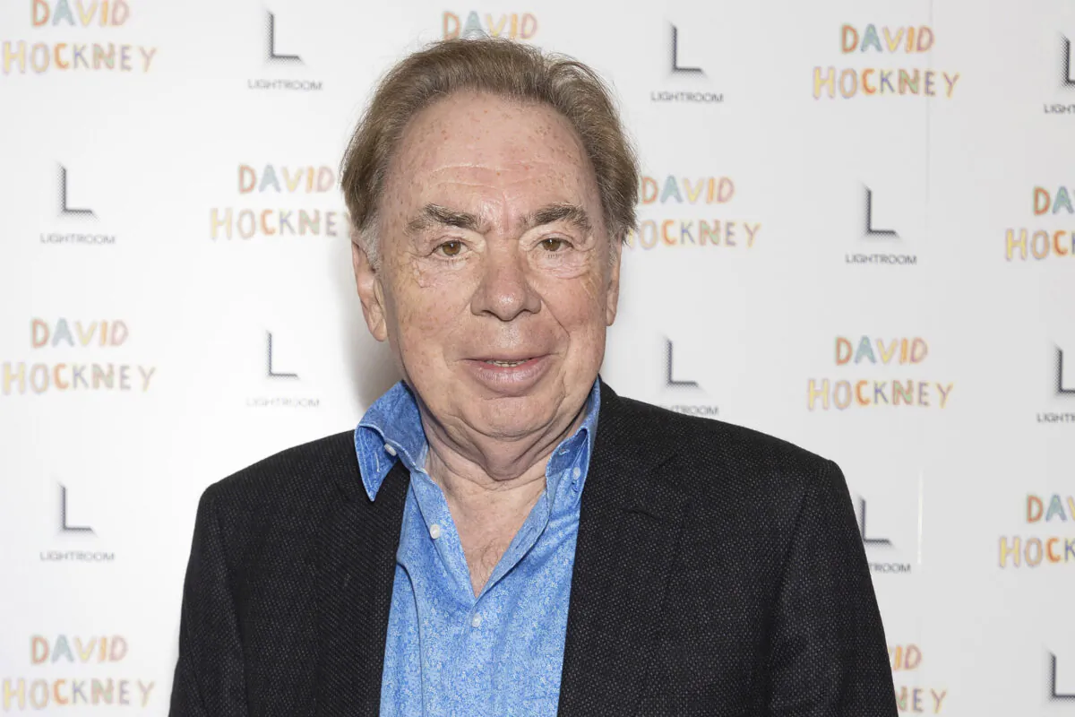 Andrew Lloyd Webber attends the gala opening of David Hockney: Bigger & Closer (not smaller & further away) exhibition, at the Lightroom in London on Feb. 21, 2023. (Suzan Moore/PA via AP)