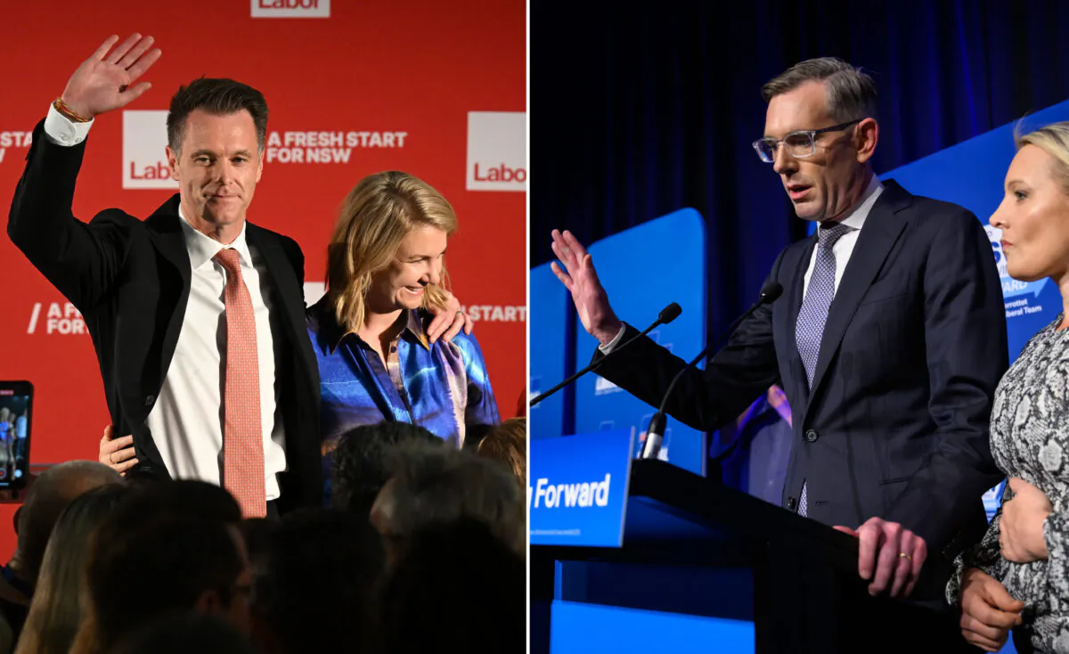 Labor leader and Premier elect Chris Minns with his wife Anna (left) during the NSW Labor reception in Sydney, Australia, on March 25, 2023, after Premier Domionic Perrottet, alongside his wife Helen Perrottet (right), conceded defeat. (AAP Image/Dean Lewins/James Gourley)