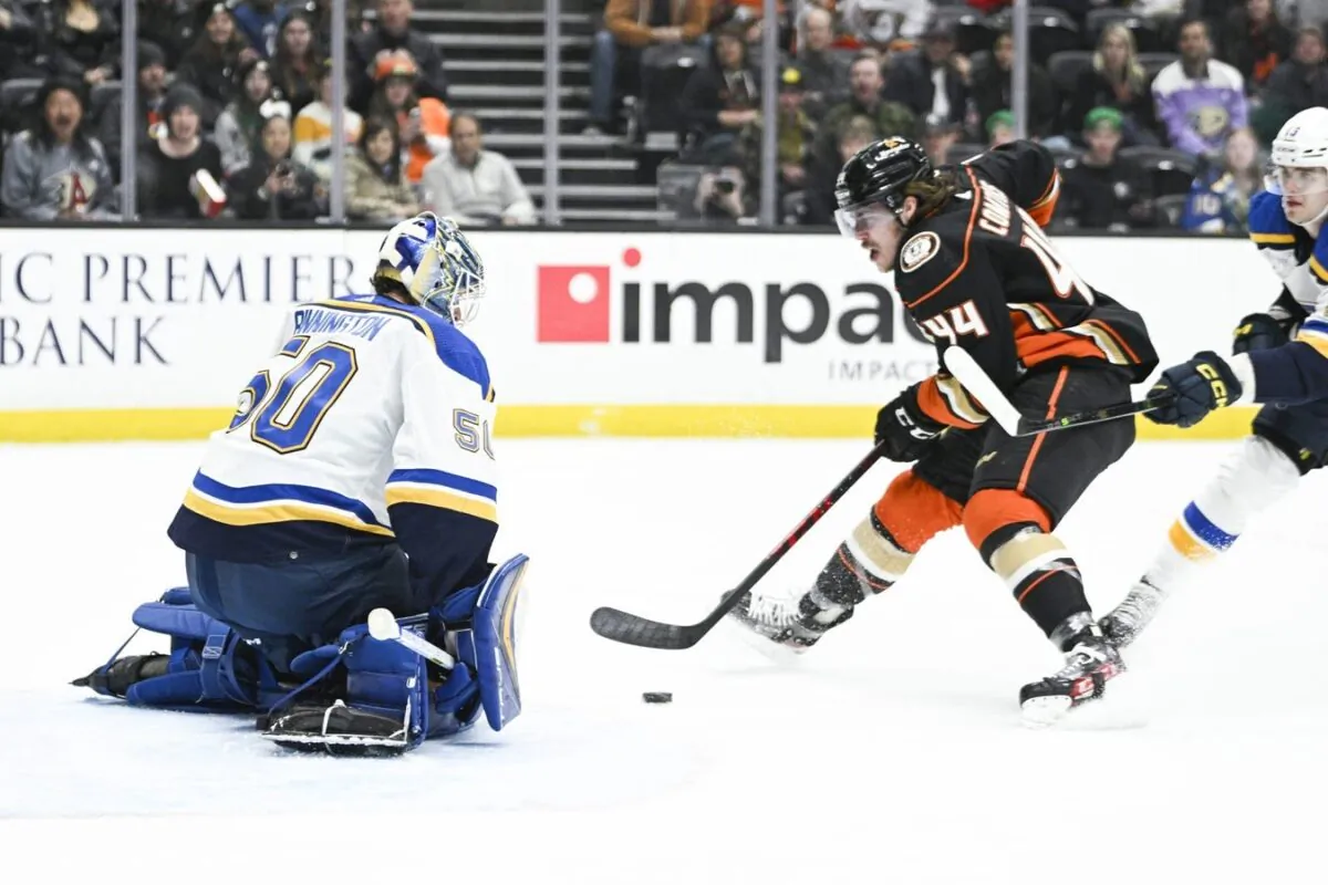 St. Louis Blues goalie Jordan Binnington (50) blocks the goal while Anaheim Ducks left wing Max Comtois (44) closes in during first period at Honda Center in  Anaheim, Calif., on Mar. 25, 2023. (Kelvin Kuo/USA TODAY Sports via Field Level Media)