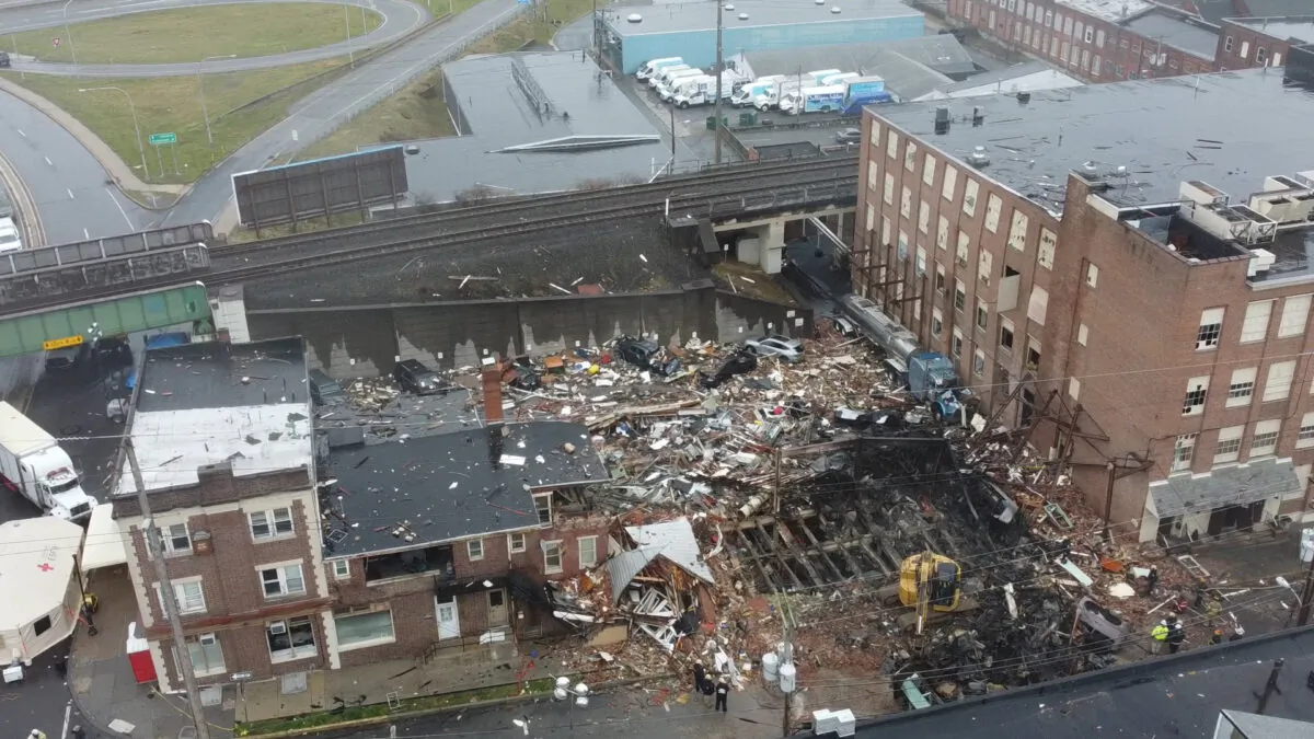 R.M. Palmer building, a chocolate factory in West Reading, Pennsylvania, exploded Friday afternoon. A full view was taken on March 25, 2023. (William Huang/The Epoch Times)