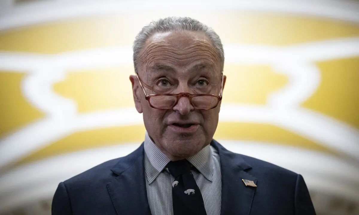Senate Majority Leader Chuck Schumer (D-N.Y.) speaks briefly to reporters after a meeting with President Joe Biden at the U.S. Capitol in Washington on March 2, 2023. (Drew Angerer/Getty Images)