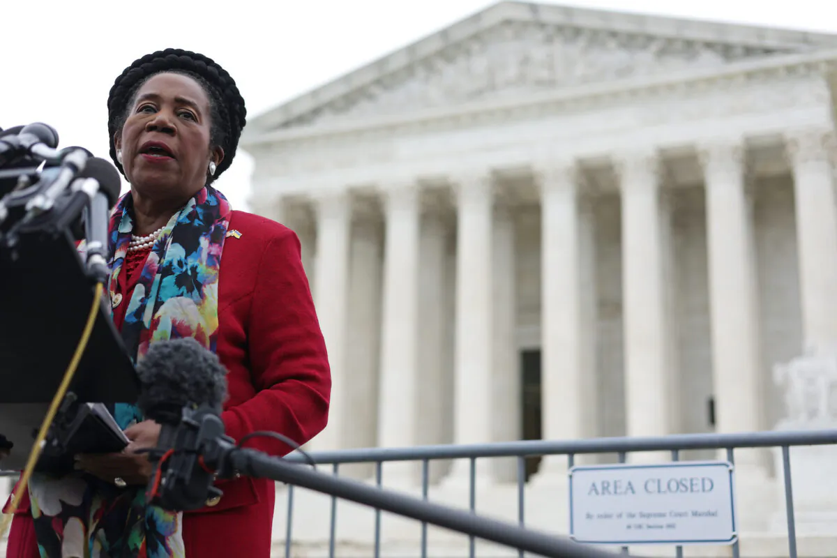 U.S. Rep. Sheila Jackson-Lee (D-Texas) speaks to members of the press after the oral argument of the Merrill v. Milligan case at the U.S. Supreme Court in Washington on Oct. 4, 2022. (Alex Wong/Getty Images)
