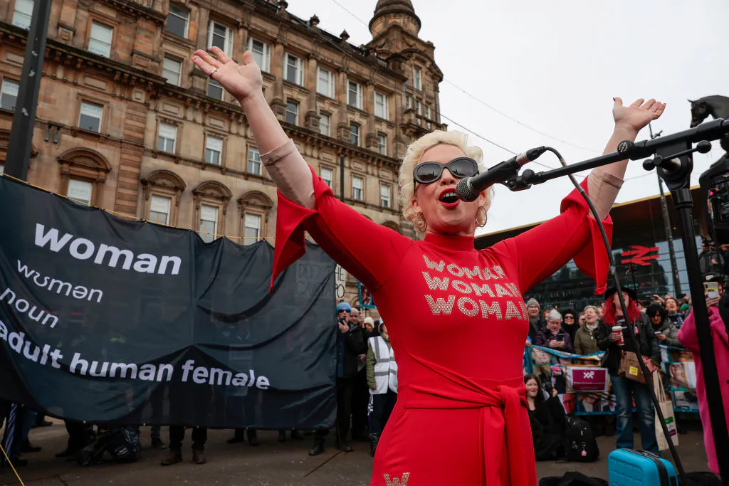 Kellie-Jay Keen-Minshull (Posie Parker) speaks during a Standing for Women protest in Glasgow, Scotland, on Feb. 5, 2023. (Jeff J Mitchell/Getty Images)