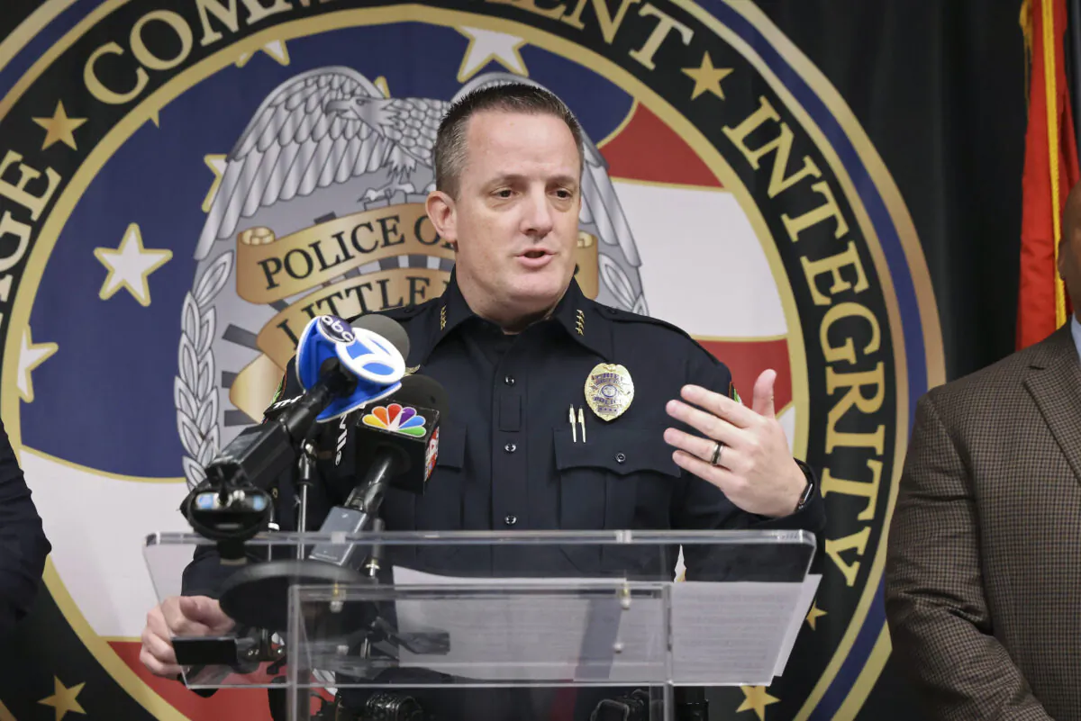 Little Rock Police Department Chief Heath Helton addresses members of the media during a press conference at the LRPD headquarters about multiple overnight shootings, in Little Rock, Ark, on March 27, 2023. (Colin Murphey/Arkansas Democrat-Gazette via AP)