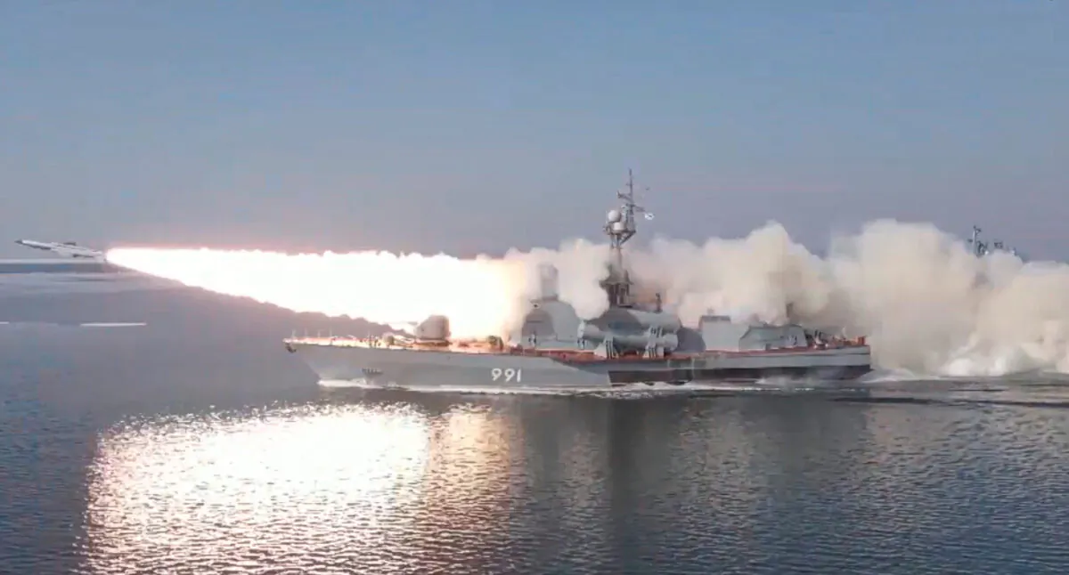 A Russian navy boat launches an anti-ship missile test in the Peter The Great Gulf in the Sea of Japan, on March 28, 2023. (Russian Defense Ministry Press Service via AP)
