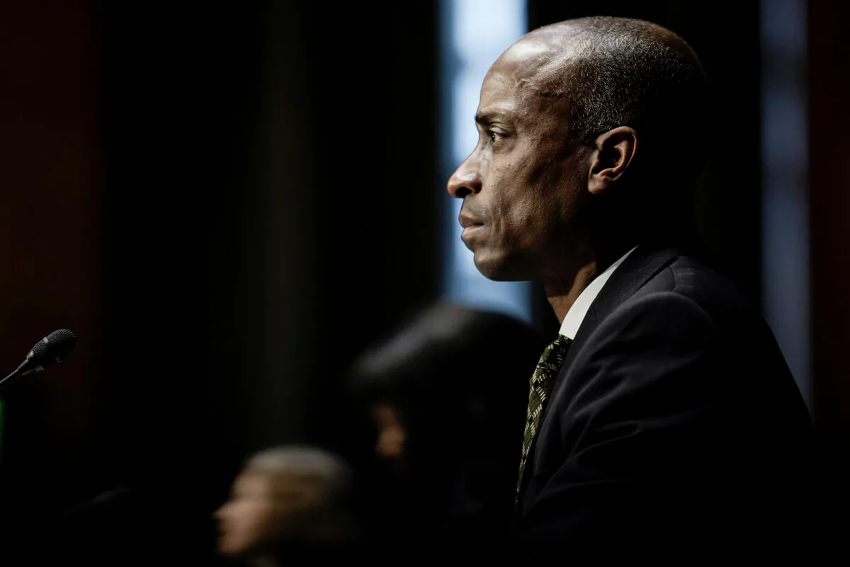 Dr. Philip Nathan Jefferson, of North Carolina, nominated to be a Member of the Board of Governors of the Federal Reserve System, listens during a Senate Banking, Housing and Urban Affairs Committee confirmation hearing on Capitol Hill in Washington on Feb. 3, 2022. (Ken Cedeno/Reuters)
