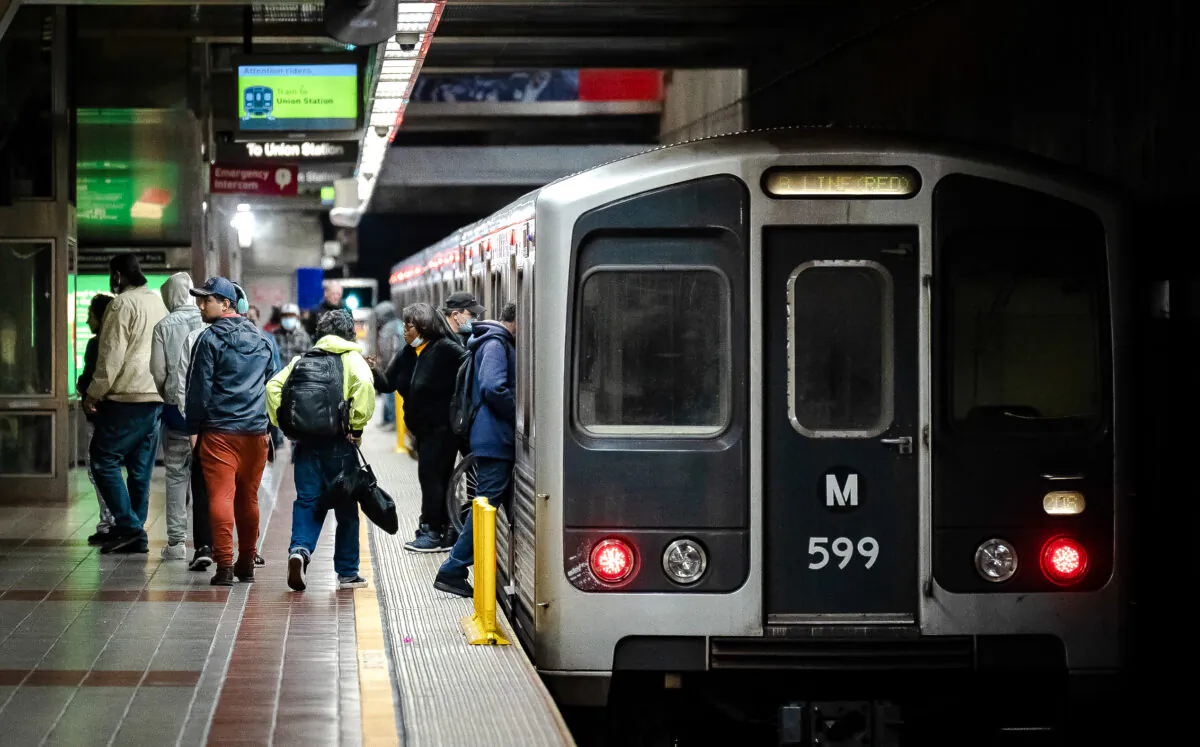 Passengers use the Westlake/Macarthur Park train station in Los Angeles, Calif., on March 20, 2023. (John Fredricks/The Epoch Times)