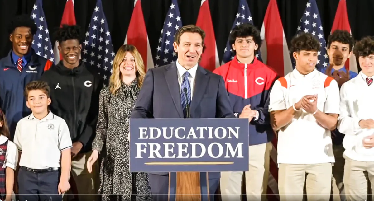 Florida Gov. Ron DeSantis at the signing of the state's universal school choice bill at Christopher Columbus High School in Miami on March 27, 2023. (Public domain.)