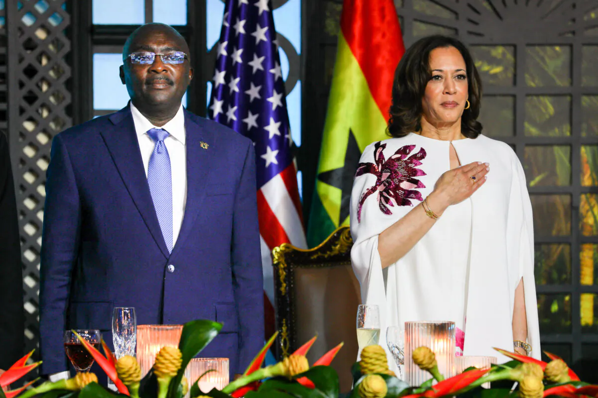 US Vice President Kamala Harris (R) Ghanas Vice President Mahamudu Bawumia (L) attend the state banquet at the Jubilee House in Accra, Ghana, on March 27, 2023. - US Vice President Kamala Harris arrived in Ghana on March 26, 2023 at the start of a three-nation African tour, as Washington looks to strengthen diplomatic ties on the continent.
The trip to Ghana, Tanzania and Zambia until April 2 comes after a December summit hosted by President Joe Biden in Washington with US leaders and counterparts from Africa, a continent where China and Russia are enjoying rising influence. (Photo by Nipah Dennis / AFP) (Photo by NIPAH DENNIS/AFP via Getty Images)