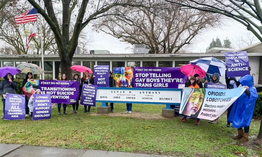 Parents protest outside the Davis Joint Unified School District offices over a talk featuring Rachel Pepper, co-author of “The Transgender Child,” in Davis, Calif., on Jan. 11, 2023. (Courtesy of Our Duty)