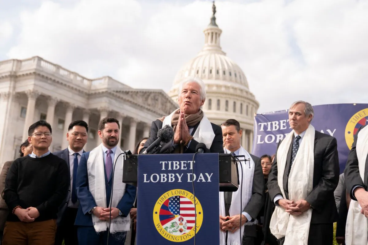 Actor and Chair of the International Campaign for Tibet Richard Gere (C) speaks at a bipartisan press conference to highlight the plight of Tibetans, on Capitol Hill in Washington, on March 28, 2023. (STEFANI REYNOLDS/AFP via Getty Images)
