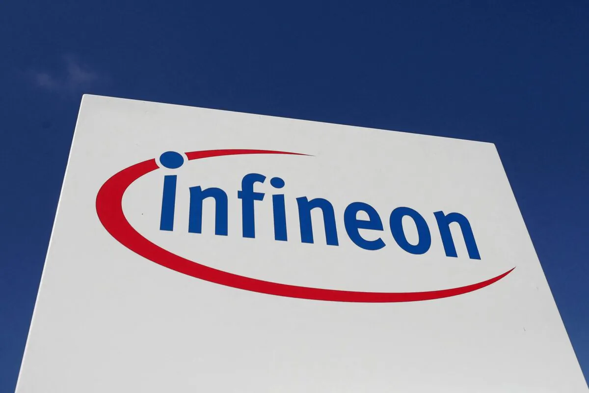 The logo of semiconductor manufacturer Infineon in Villach, Austria, on June 3, 2018. (Lisi Niesner/Reuters)