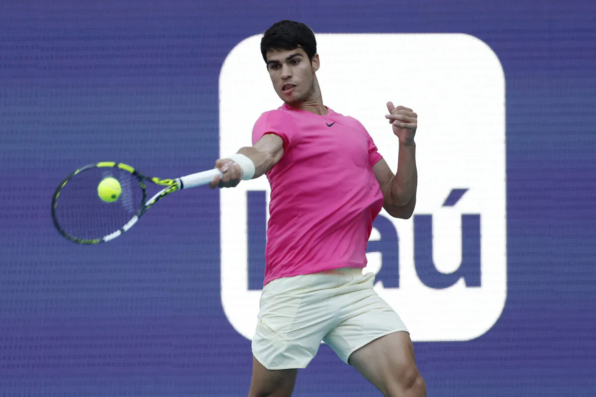 Carlos Alcaraz of Spain hits a forehand against Tommy Paul of the United States (not pictured) on day nine of the Miami Open at Hard Rock Stadium in Miami on March 28, 2023. (Geoff Burke/USA TODAY Sports via Reuters)