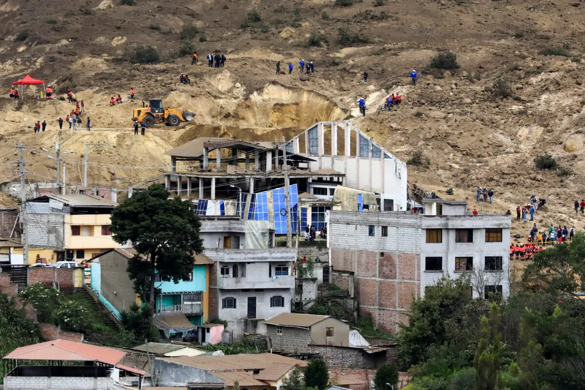 The site of a landslide triggered by heavy rains, during rescue operations, in Alausi, Ecuador, on March 28, 2023. (Karen Toro/Reuters)
