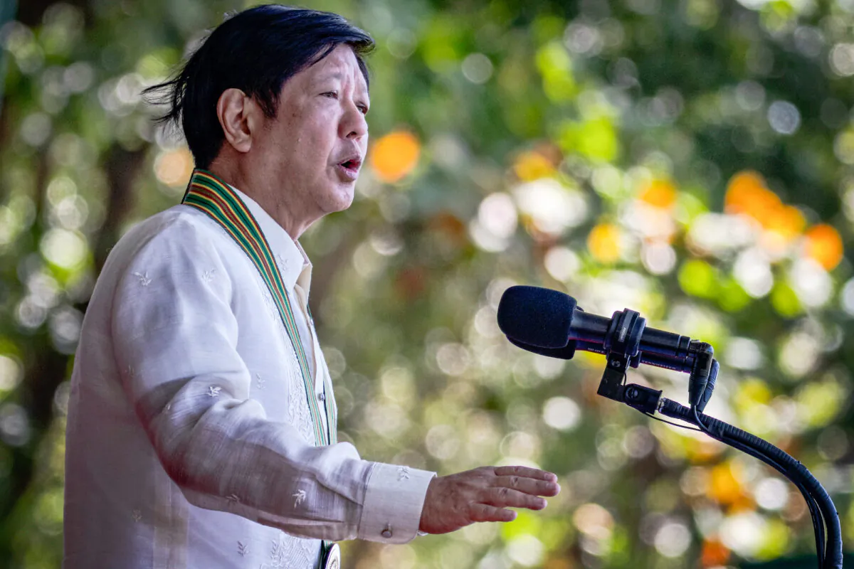 Philippine President Ferdinand Marcos Jr. speaks during the 126th anniversary of the founding of the Philippine Army at Fort Bonifacio near Manila, Philippines, on March 22, 2023. (Ezra Acayan/Getty Images)